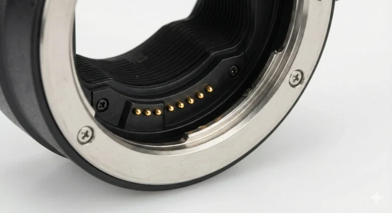 金属の電子接点（チップ）が、カメラとレンズの間で情報をやり取りします。