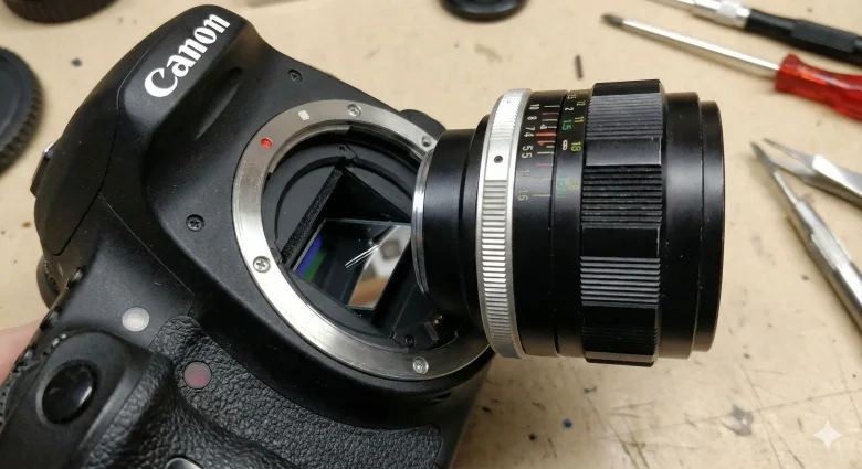 規格が異なるレンズが一眼レフカメラのミラーと干渉してしまうイメージ。