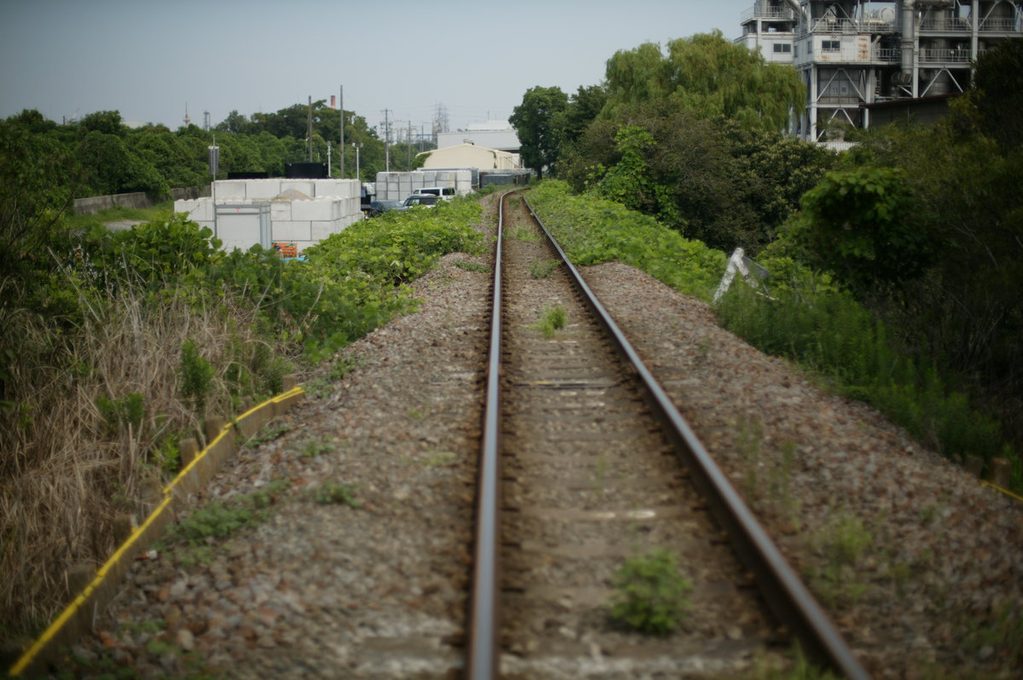 雑草が生い茂る廃線跡の線路をEOS-1Dsで捉えた風景